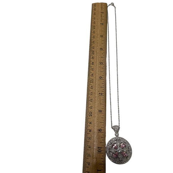 Sterling Silver Necklace Round Pendant Brilliant Diamond Pink Gem Embellished - Picture 5 of 12